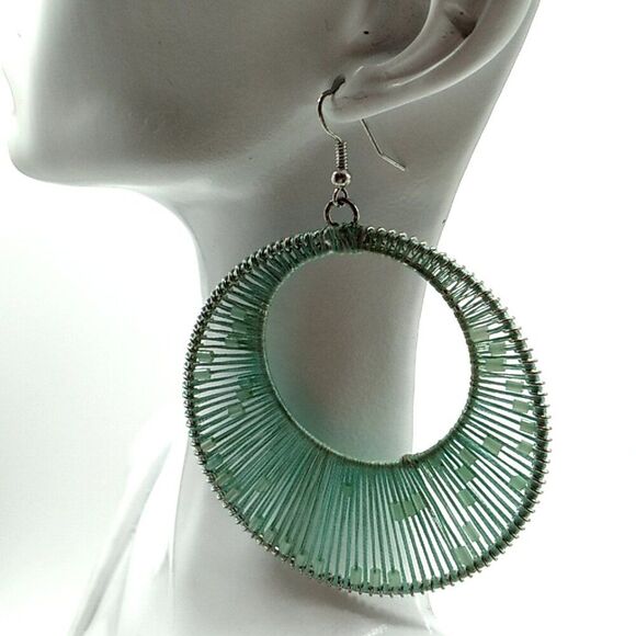 Green Thread-Wrapped Beaded Open Circle Drop Earrings - Picture 4 of 7
